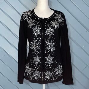 Vintage 90’s Berek black silver winter theme beaded zip up knit cardigan